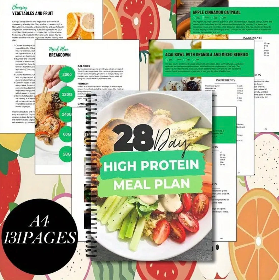 1pc 28-Day High-Protein Diet Planner & Journal - Daily Meal Plan Book with Weekly Tracking Sheets, Log, Macro Tracker for Building, Gym & Nutrition Goals - Compatible with Smartphones/Tablets (Short-Sized for Portability)