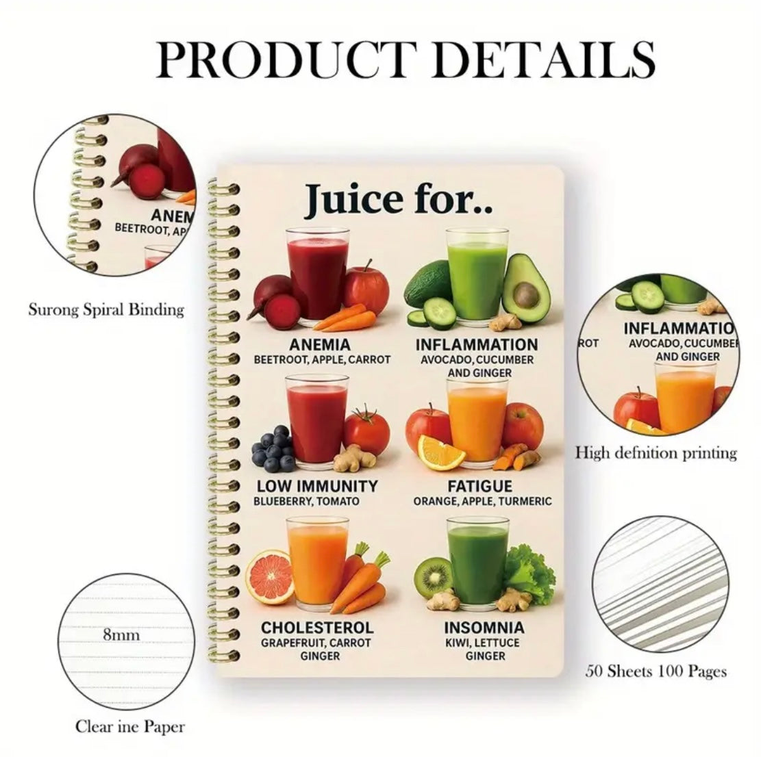 Juice... Spiral Notebook - 50 Pages, Smooth Writing, 13.97X21.08 cm - Ideal for Writing, Studying, Journaling, And Office Use - a Perfect Birthday Gift, Featuring 6 Juice Recipes for Anemia, Inflammation, Low Immunity, Fatigue, Cholesterol